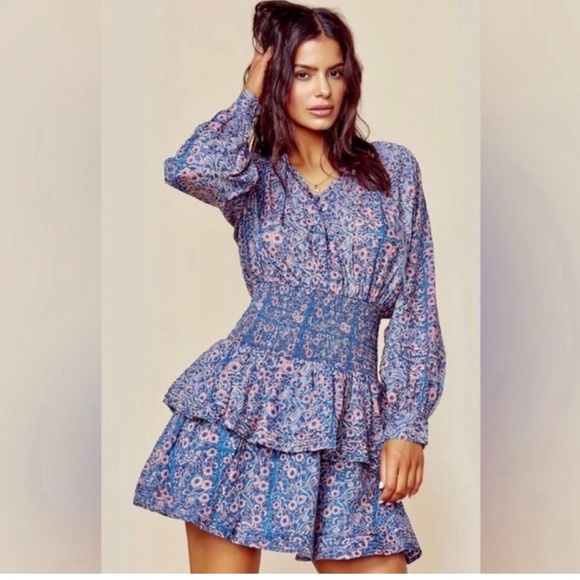 Cleobella Floral Mini Dress Size Medium Smock Waist Layered Ruffle Blue Pink - Picture 1 of 9